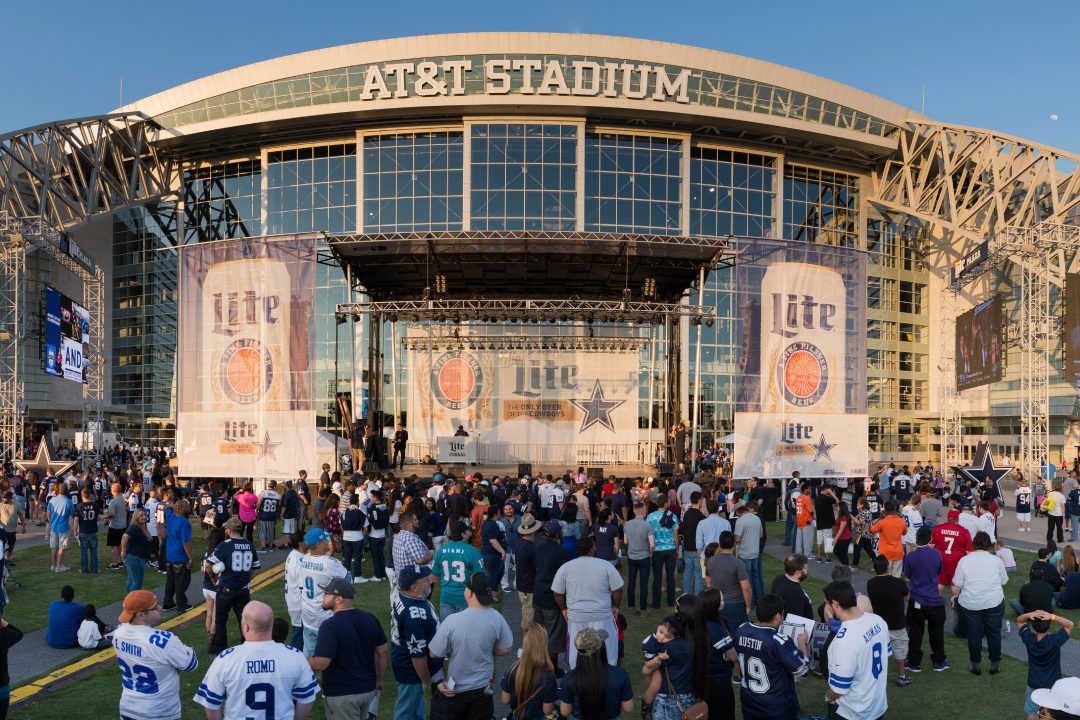 Arlington, TX, April 30, 2015: Panoramic view of the crowd outside of AT&T Stadium during the NFL draft party