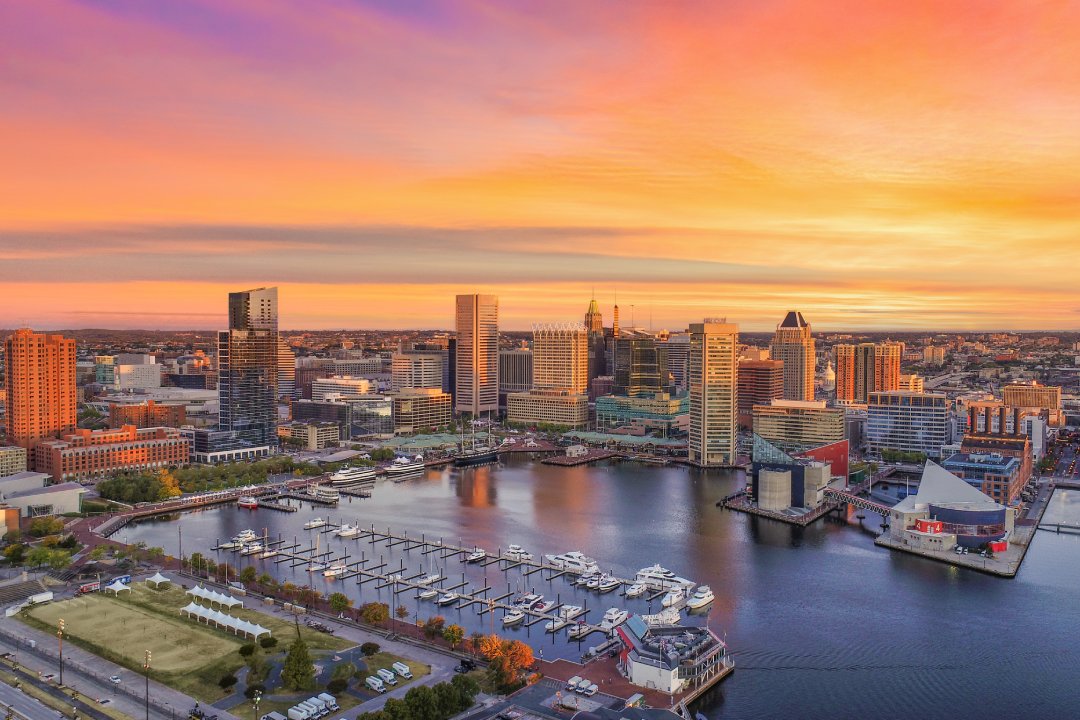 Baltimore, Maryland, USA Inner Harbor Skyline Aerial.